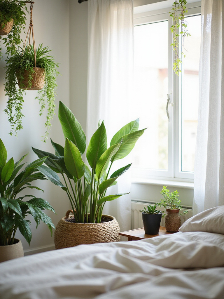Bedroom with indoor plants, creating a green and relaxing sanctuary.