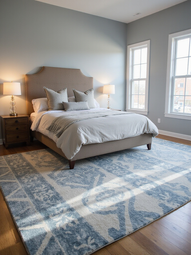 Bedroom interior with a large patterned area rug under a king-size bed.