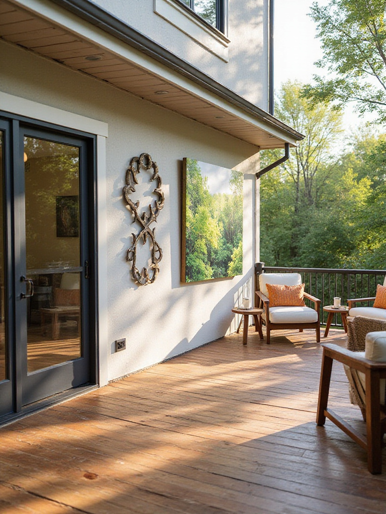 Outdoor wall art displayed on the side of a house overlooking a deck, featuring a metal sculpture, a canvas print, and a tile mosaic.