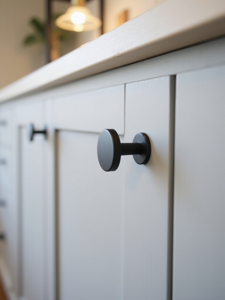 Updated kitchen cabinet hardware, matte black pulls on gray shaker cabinets.