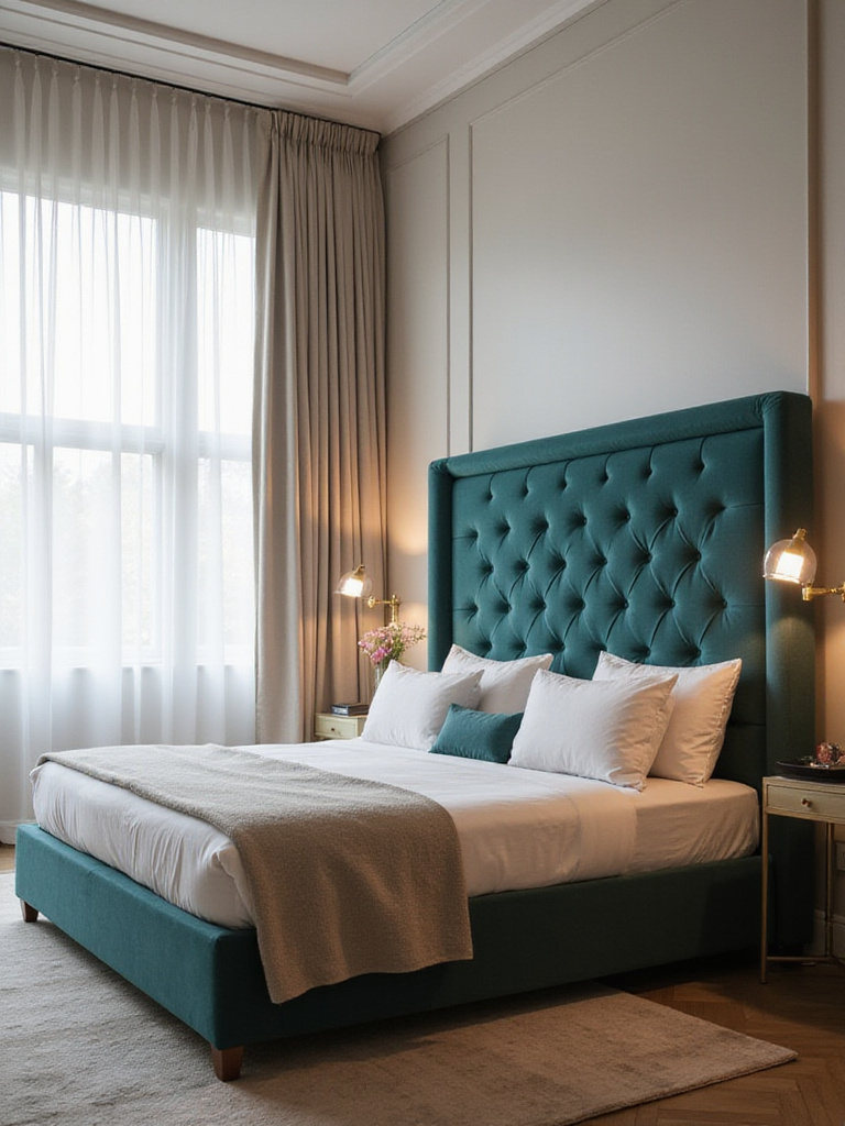Bedroom with teal velvet upholstered headboard