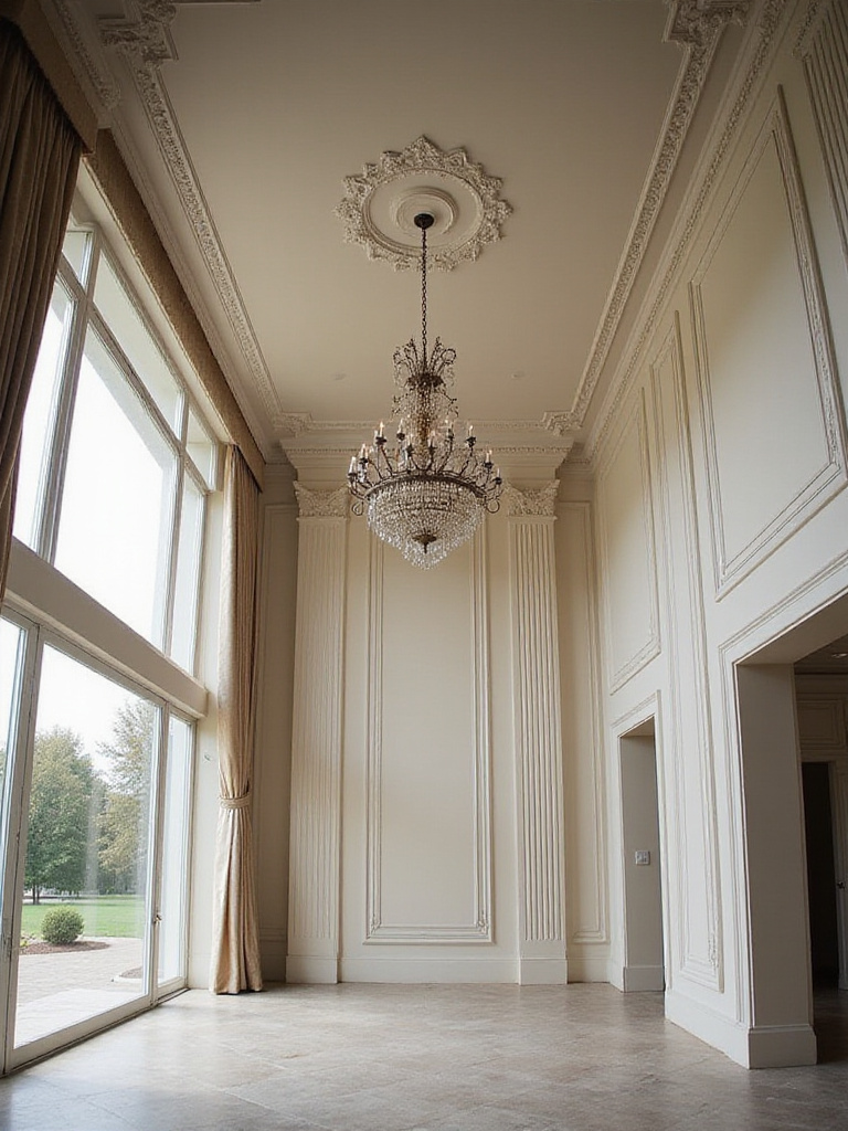 Luxury living room featuring high ceilings with crown molding, paneling, and a grand chandelier.