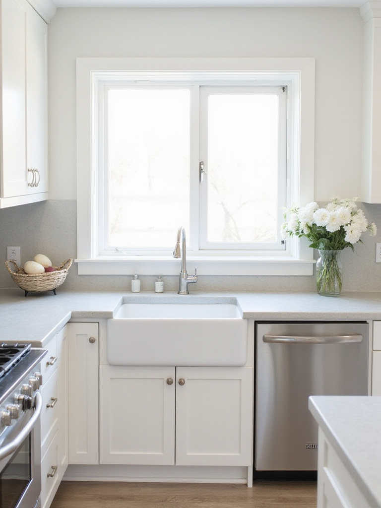 White kitchen with honed gray quartz countertops