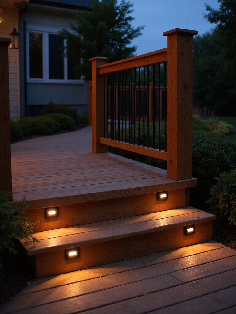 Wooden deck steps illuminated by subtle LED step lights, creating a safe and inviting pathway at dusk.