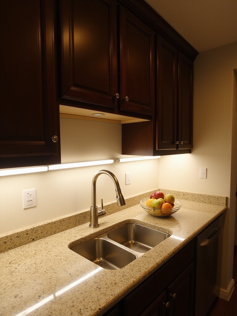 Modern kitchen with under-cabinet LED lighting illuminating granite countertops.