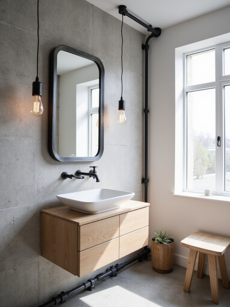 Contemporary bathroom design featuring industrial elements such as concrete walls, exposed plumbing, and metal accents.