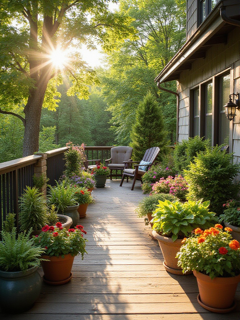 Deck decorated with lush container plants, featuring a mix of flowering and foliage plants in various pots, creating a vibrant outdoor living space.