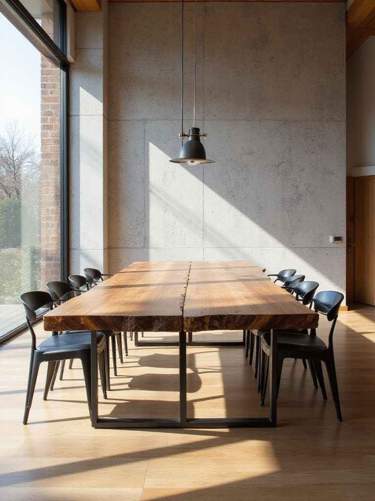 Modern dining room featuring a live-edge wood table and a stone accent wall for warmth and texture.