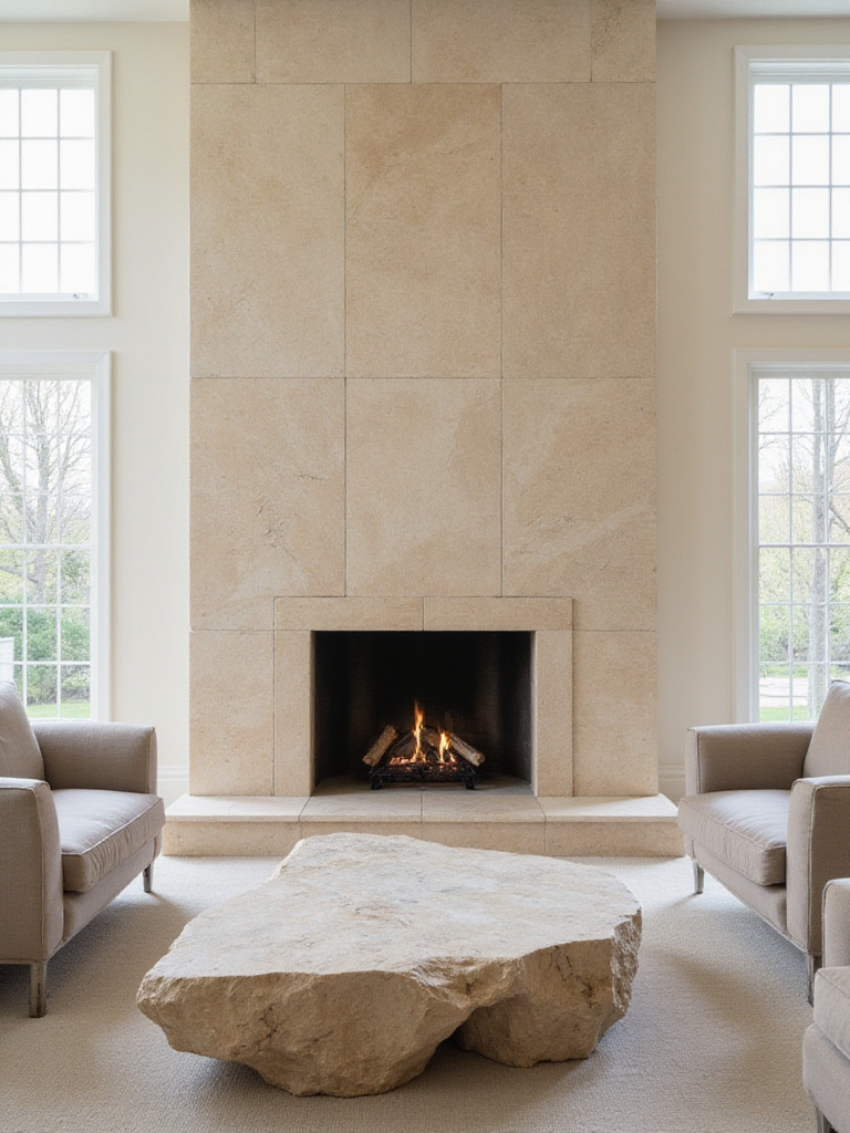 Luxury living room featuring a travertine fireplace surround and natural stone coffee table.