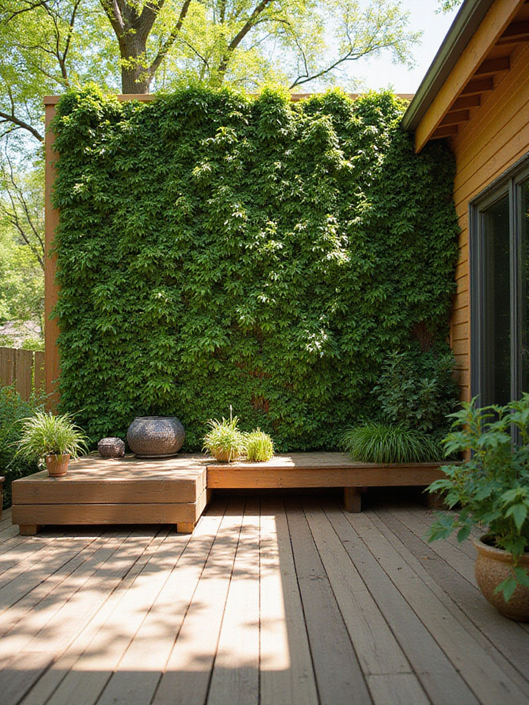 A deck wall covered in a lush vertical garden with various green plants, creating a vibrant outdoor living space.