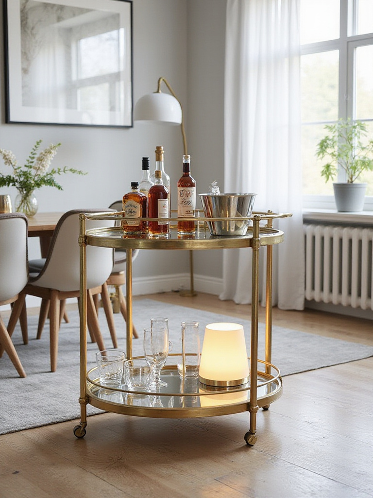 Modern dining room with a stylish gold bar cart