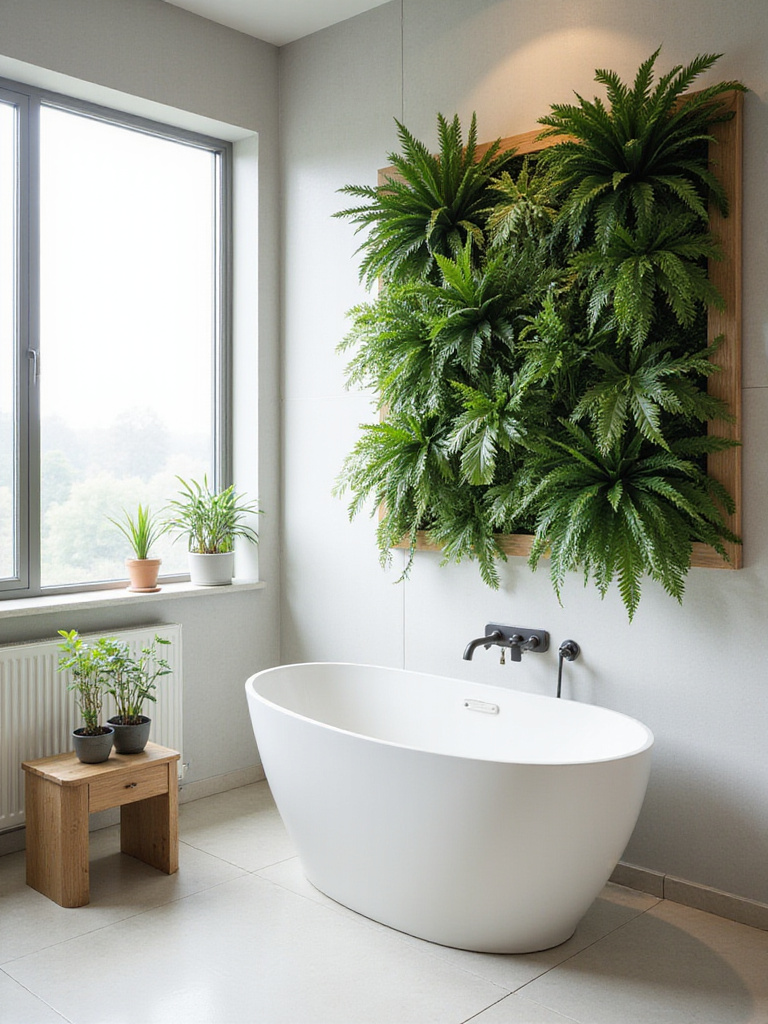 Modern bathroom with vertical garden wall and freestanding tub