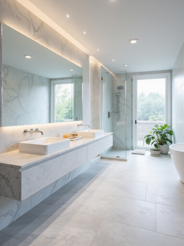 Contemporary bathroom featuring quartzite countertop and marble wall tiles.