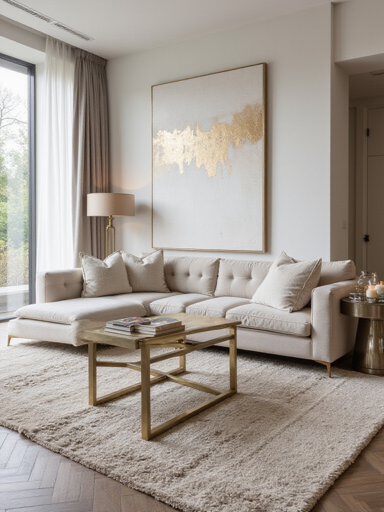 Luxury living room with subtle gold and silver metallic accents.