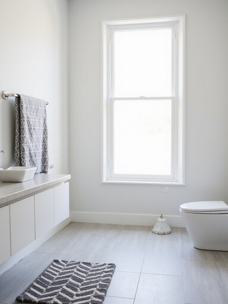 Contemporary bathroom with geometric patterns in textiles and accessories, including a chevron bath mat and a triangle-patterned towel.