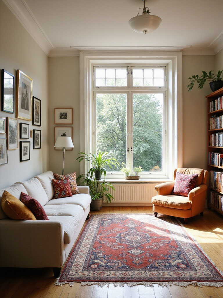 Bright and airy living room with personalized gallery wall, bookshelf, and colorful textiles