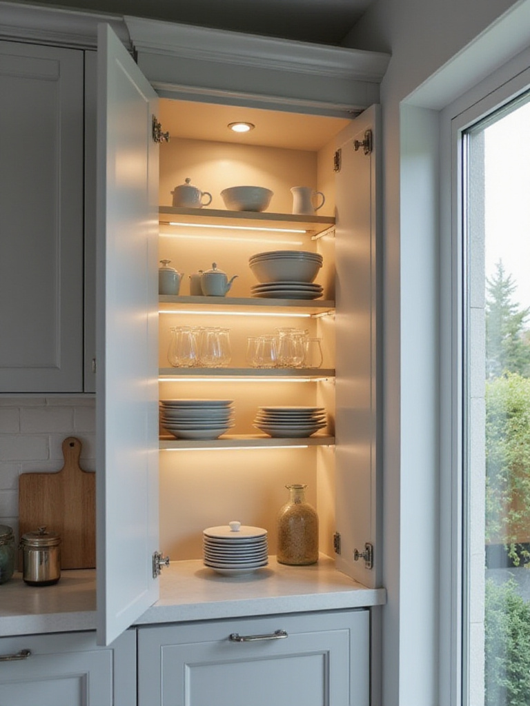 Kitchen cabinet interior illuminated with LED strip lights, showcasing organized dishes and glassware.