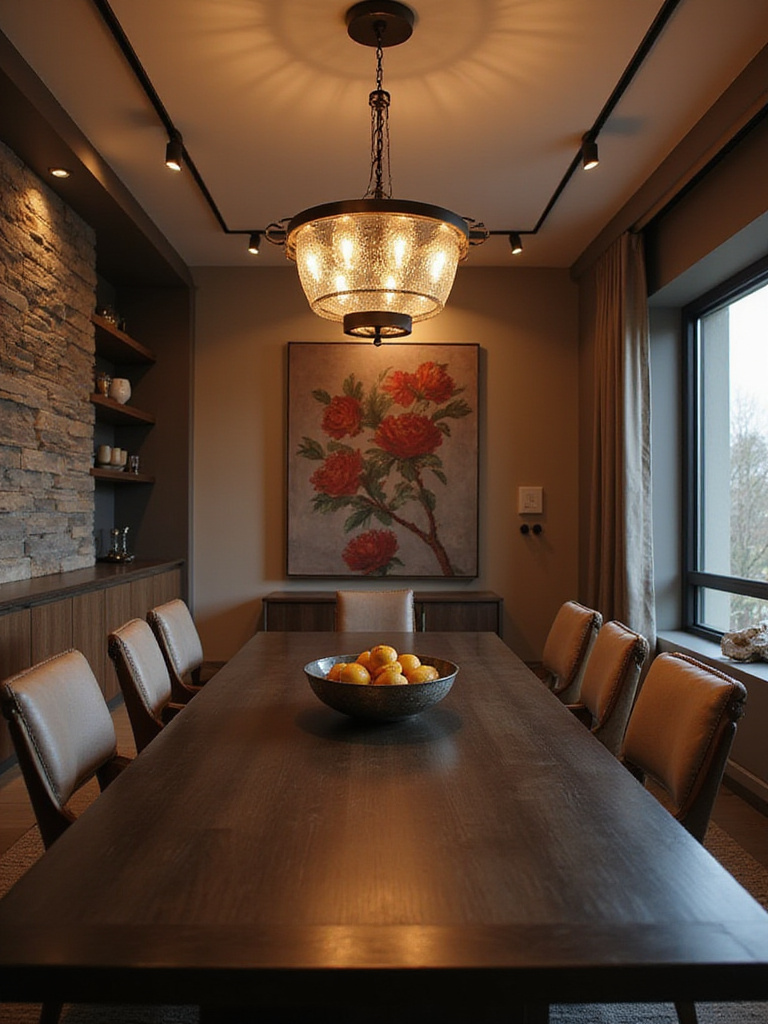 Modern dining room with dimmable chandelier and warm lighting creating a cozy ambiance.