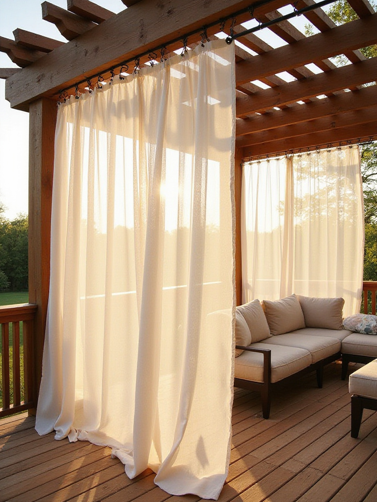 Modern deck with a pergola and sheer white outdoor curtains providing shade and privacy. Comfortable outdoor furniture is visible through the curtains.
