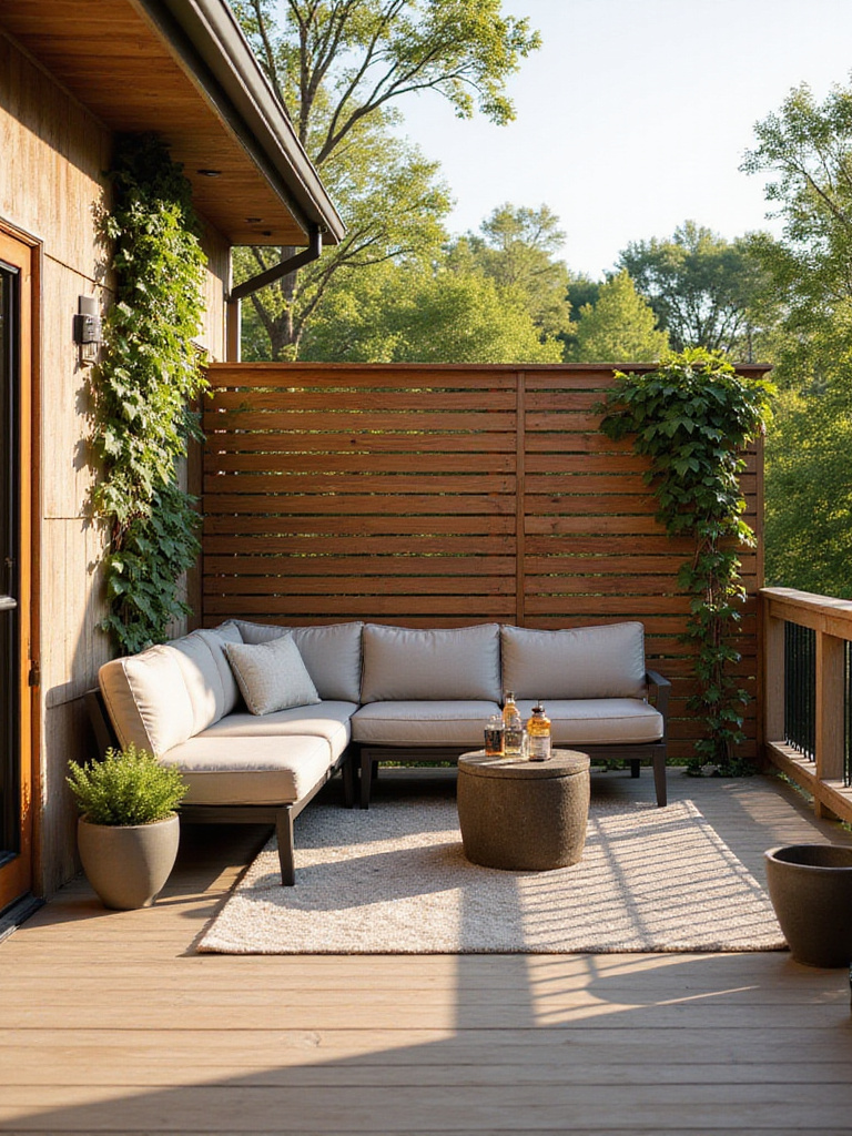 Stylish deck featuring a modern horizontal slat privacy screen with integrated climbing vines, providing privacy and a serene outdoor living space.