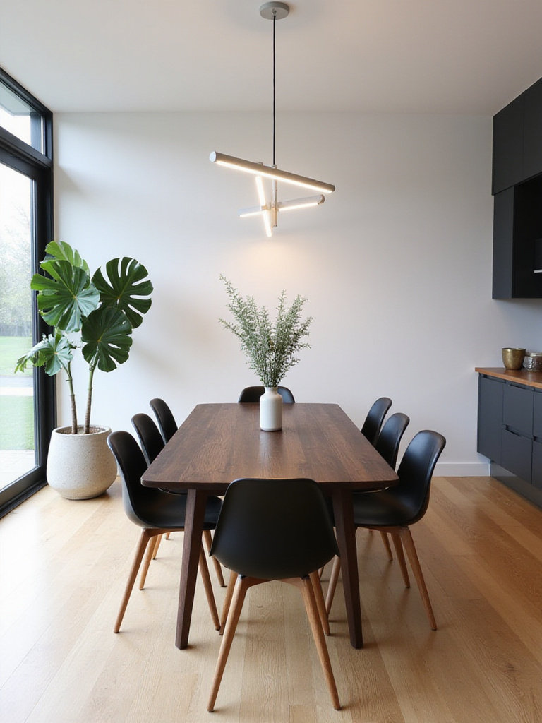 Modern dining room with Monstera plant and natural light