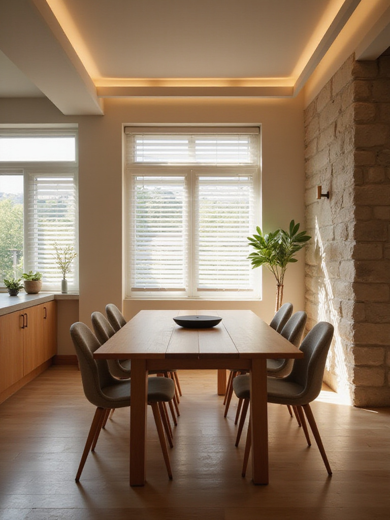 Modern dining room with integrated smart lighting and minimalist design