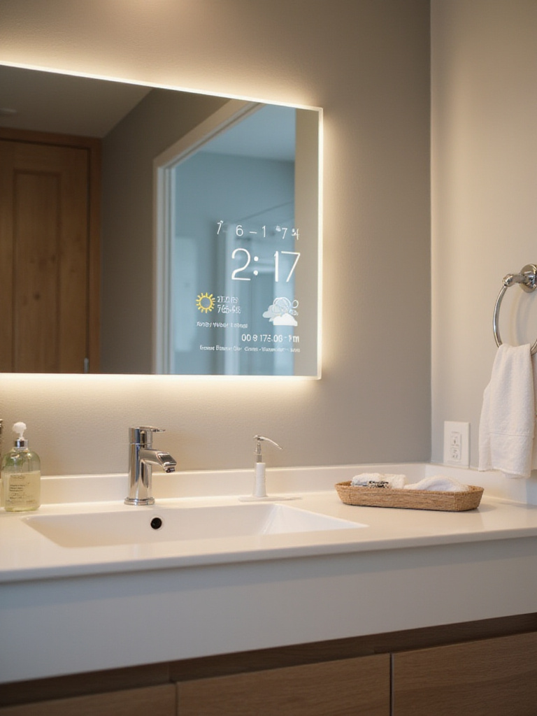 Modern bathroom with a smart mirror displaying weather information.