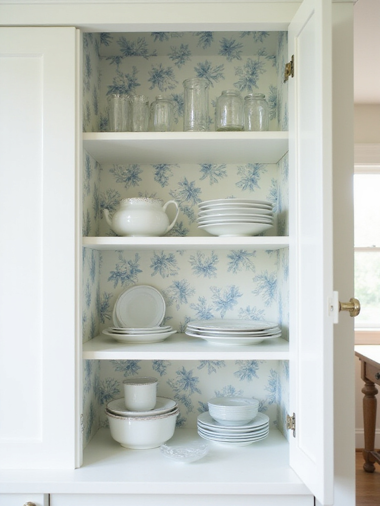Kitchen cabinet interior lined with blue and white floral wallpaper