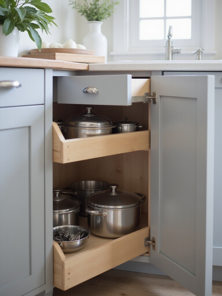 Organized kitchen cabinet with pull-out shelves and drawer dividers for efficient storage.
