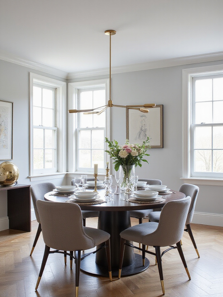 Modern dining room with gold and brass accents