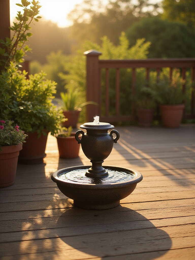 A small bubbling urn water feature on a tranquil wooden deck surrounded by potted plants, enhancing the outdoor living space.