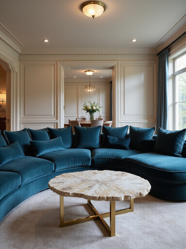 Luxurious living room featuring a custom-made velvet sectional sofa and marble coffee table.