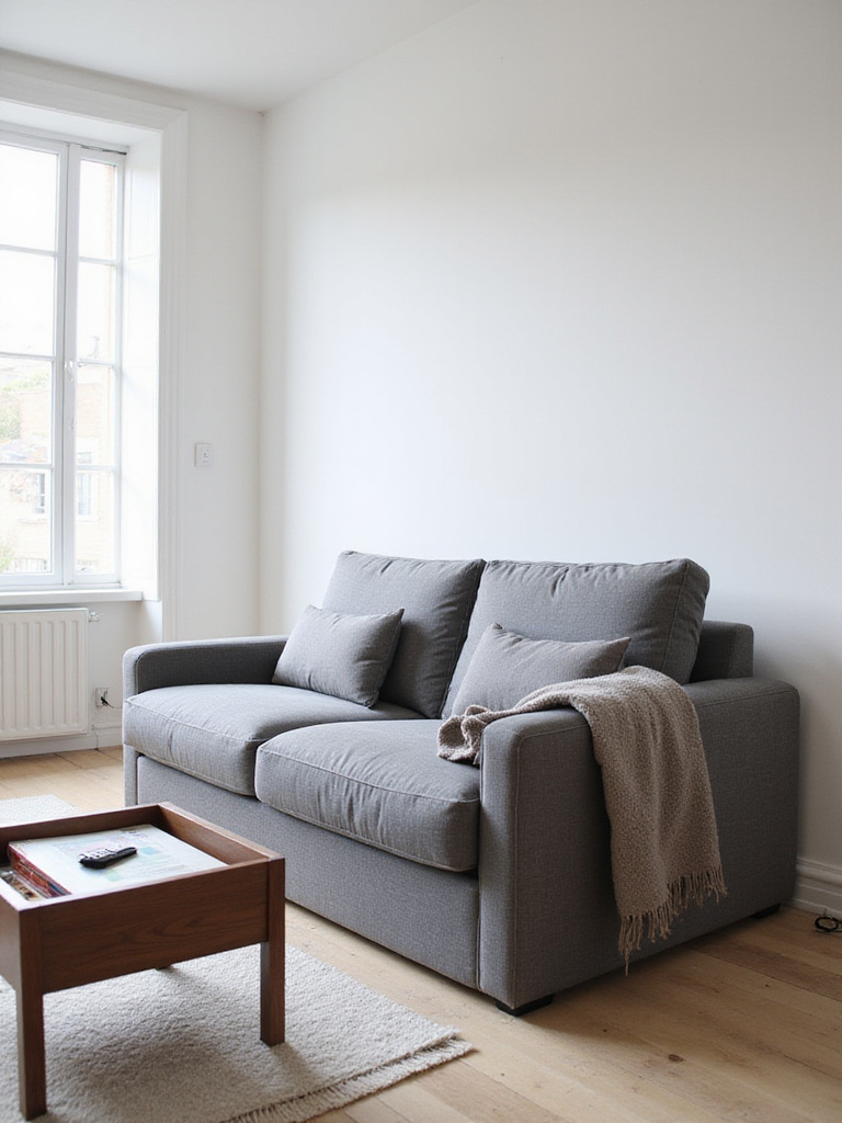 Small living room with grey sofa bed and lift-top coffee table, showcasing multifunctional furniture.