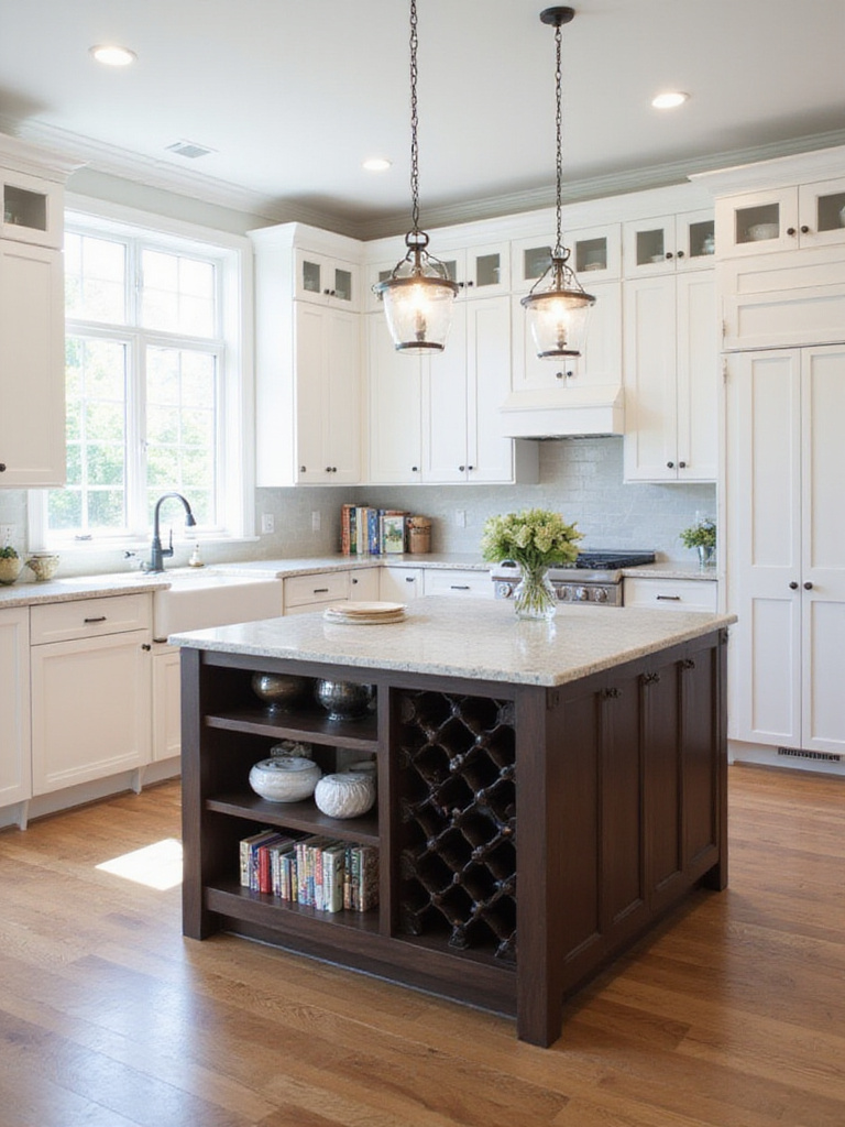 Modern kitchen with white cabinets and a dark wood kitchen island with granite countertop.