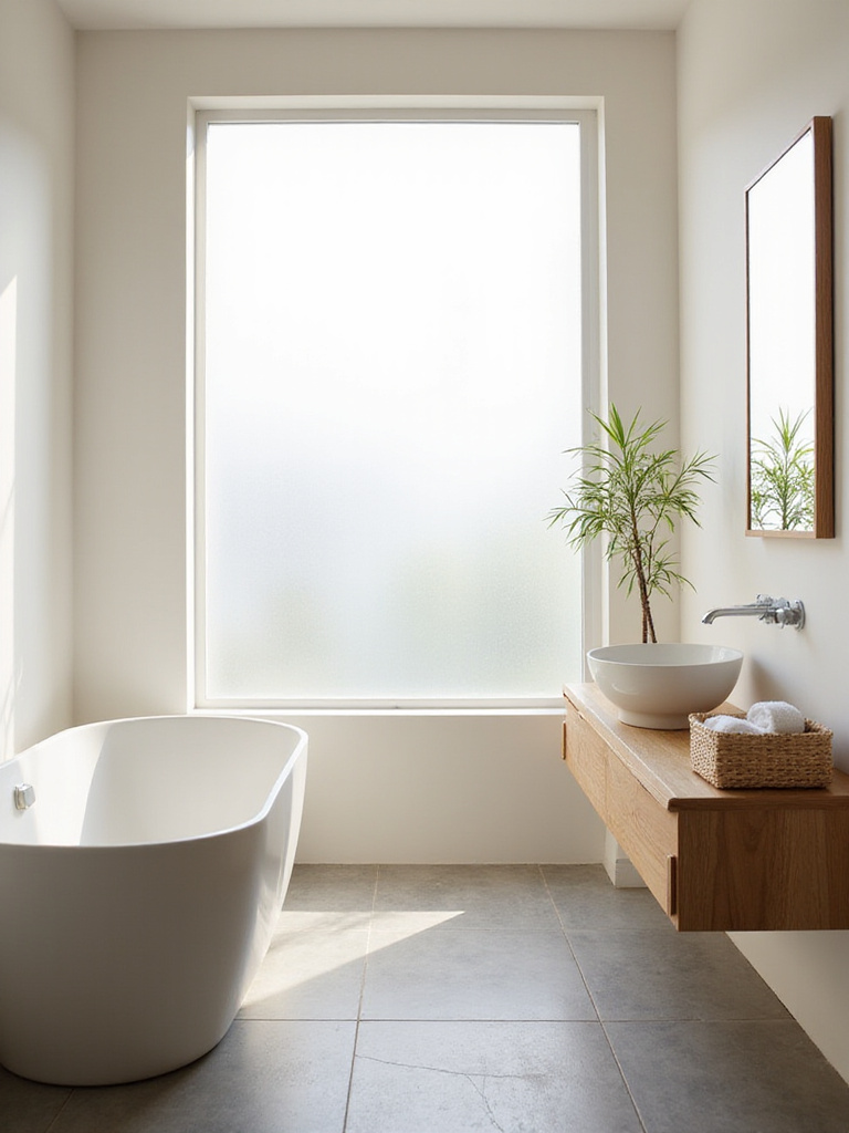 Japandi Bathroom with Soaking Tub and Light Wood Vanity