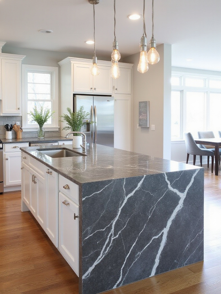 Kitchen island with dark grey quartzite countertop and waterfall edge, white cabinets