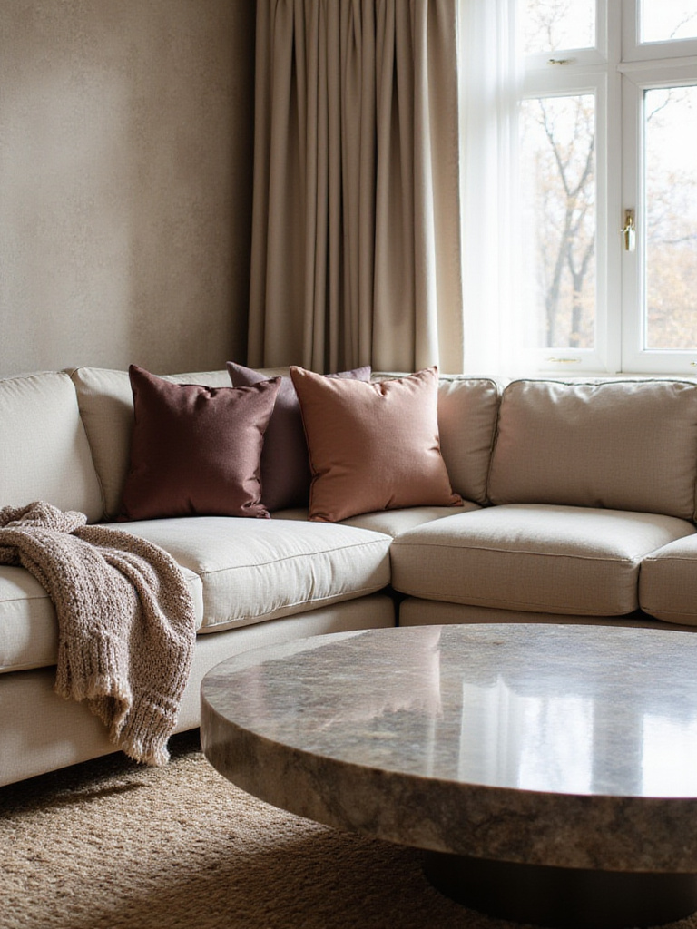 Luxury living room with layered textures including linen sofa, velvet pillows, marble coffee table, and woven rug.