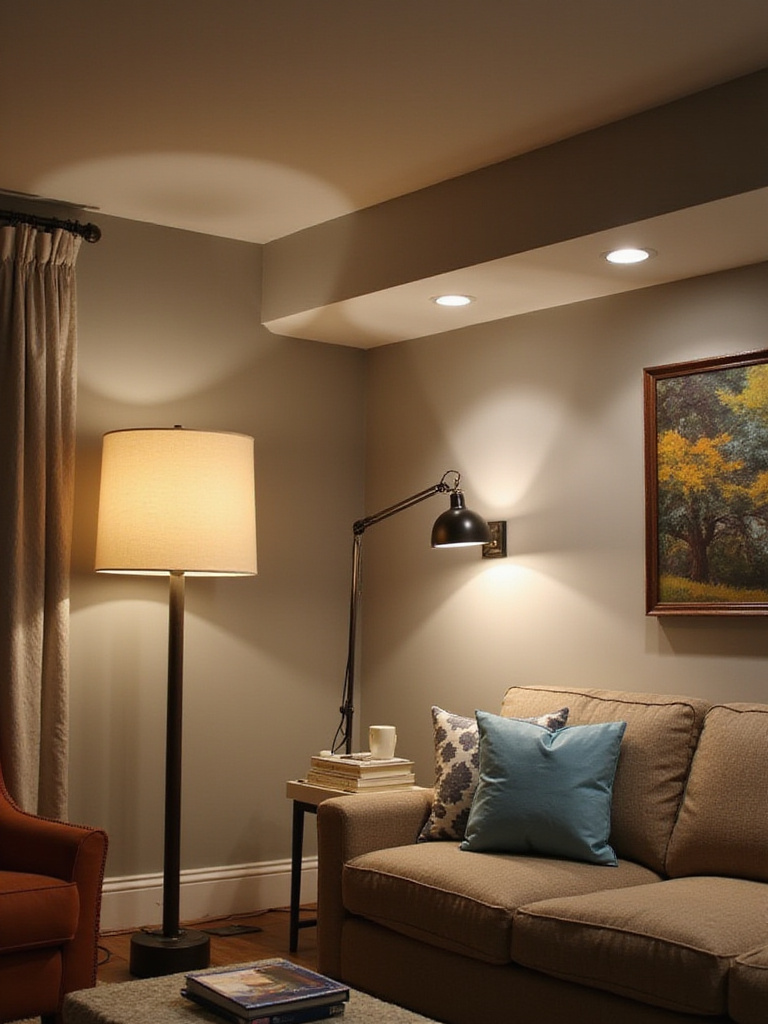 Living room with layered lighting: ambient, task, and accent lights working together to create a warm and inviting atmosphere.