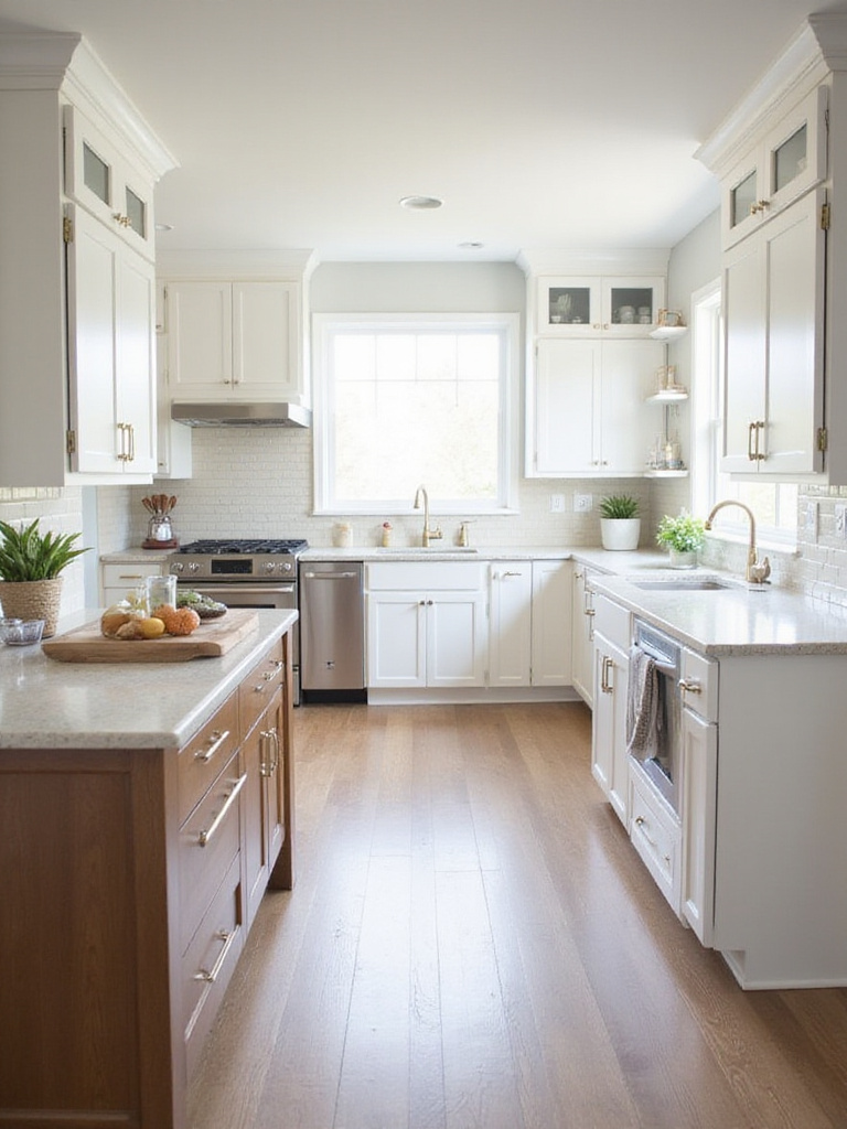 Light beige quartz countertops paired with white shaker cabinets in a bright and inviting kitchen.