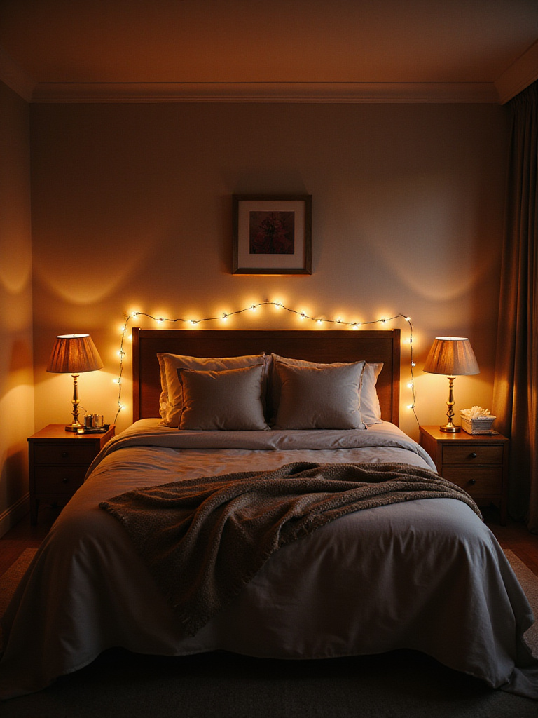 Warm and inviting bedroom with soft ambient lighting creating a relaxing atmosphere.