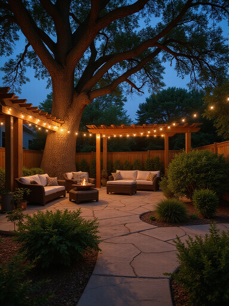 Backyard patio illuminated with landscape lighting, including uplighting, string lights, and path lights, creating a welcoming and safe outdoor space at night.