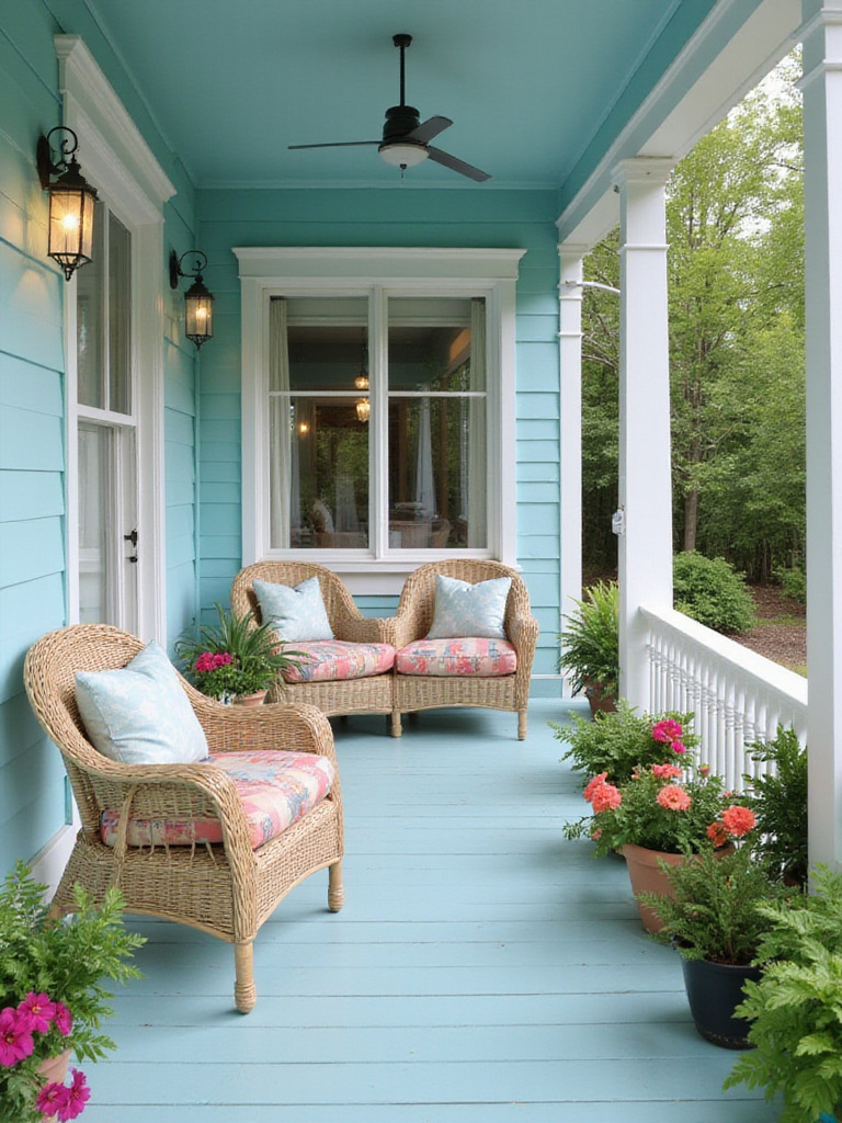 Porch painted in soft pastel blue with white trim and wicker furniture.