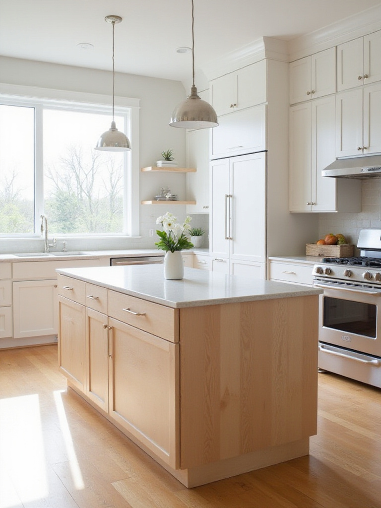 Light and airy modern kitchen with maple wood island and white cabinetry.
