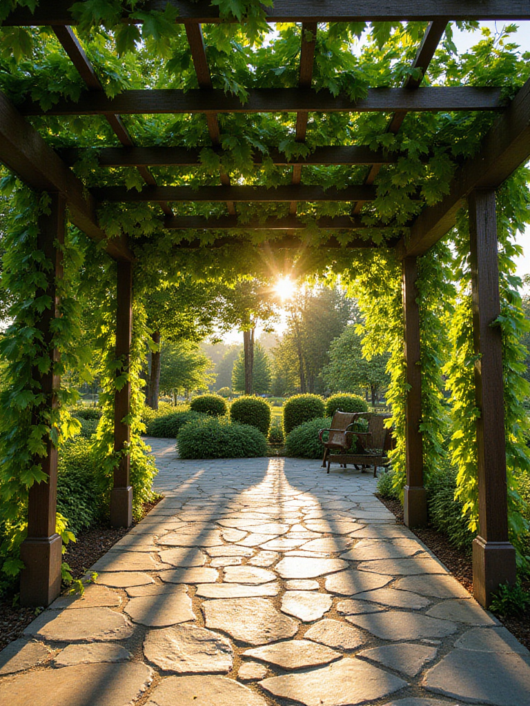 Lush green vines covering a patio pergola, creating a shaded and inviting outdoor space.