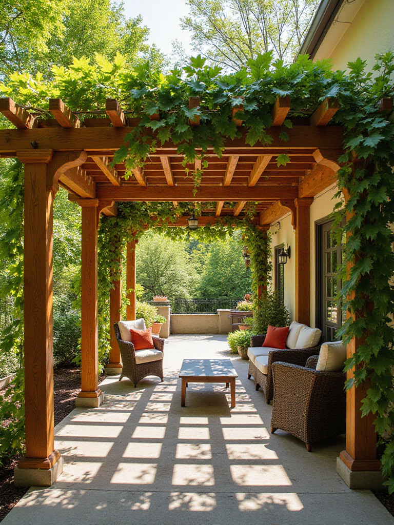 Beautifully maintained wooden patio pergola with climbing vines.