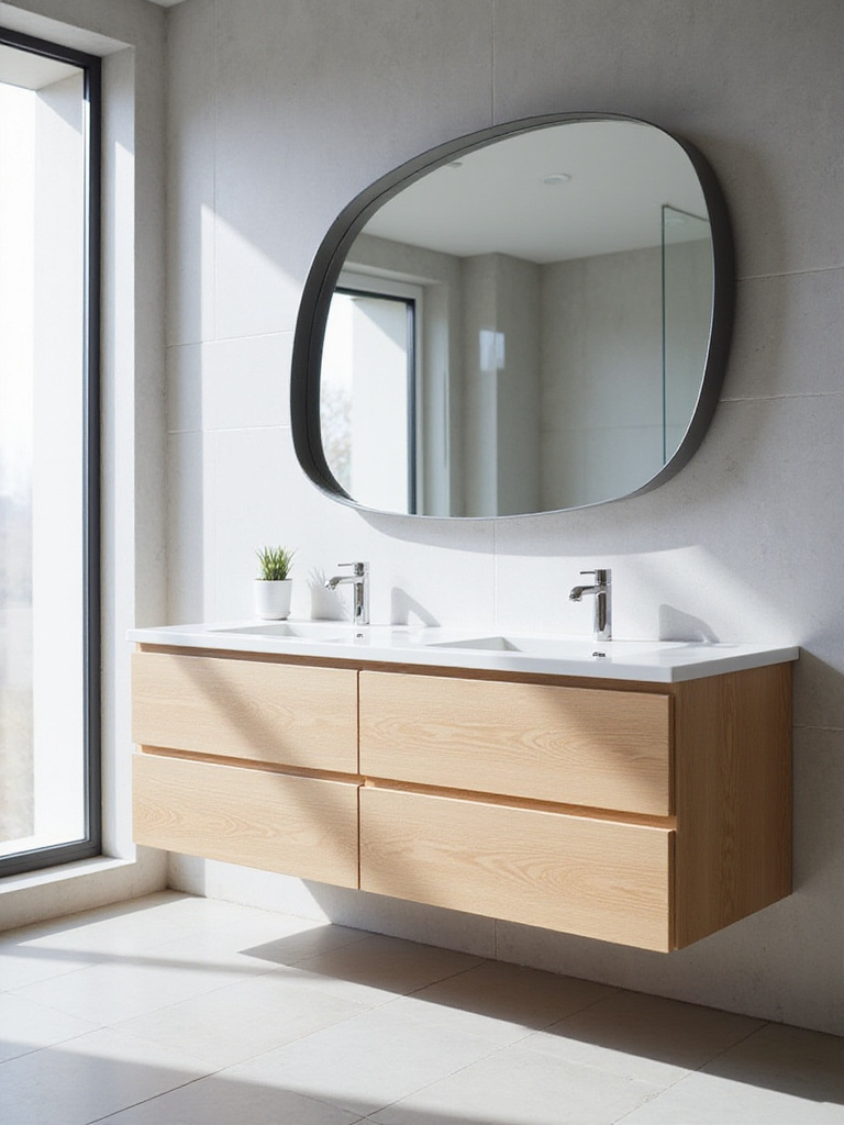 Contemporary bathroom with oversized, organically shaped mirror above double vanity.