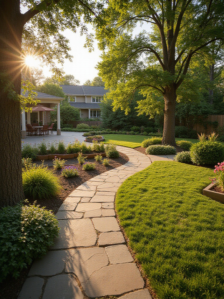 Well-planned backyard layout with distinct zones for dining, gardening, and relaxation.