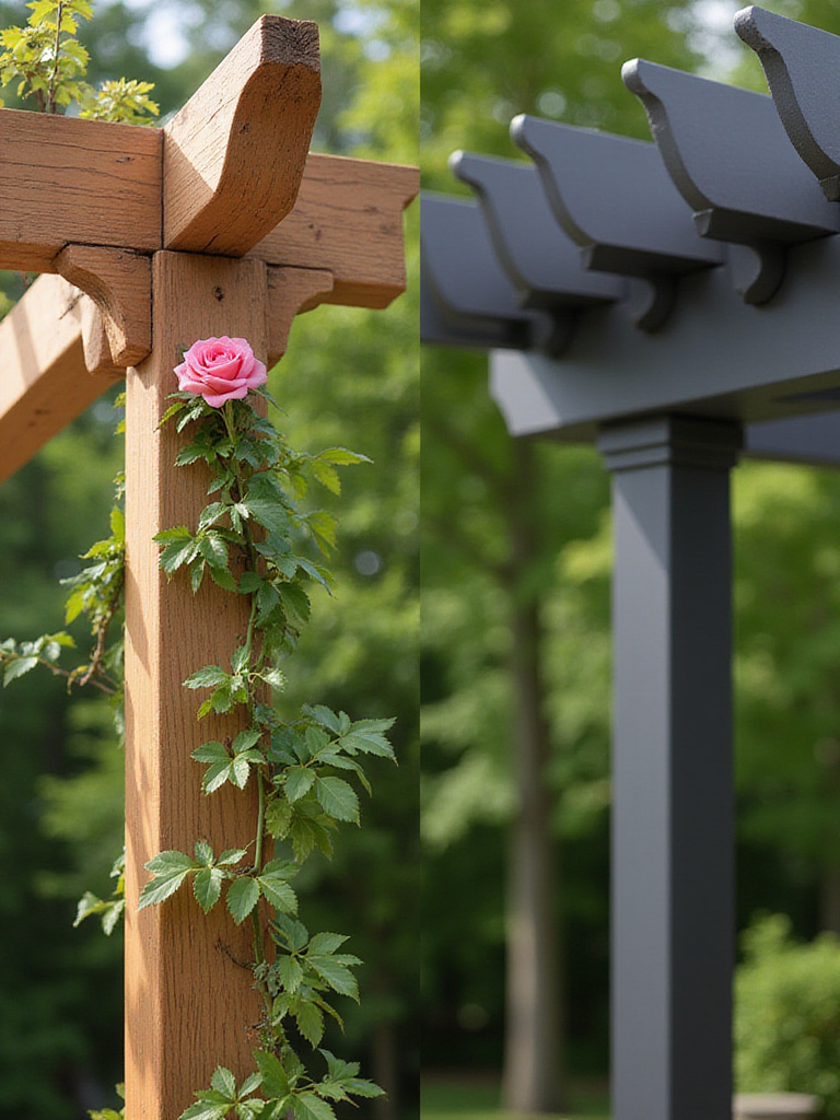 Close-up comparison of wood and metal pergola materials