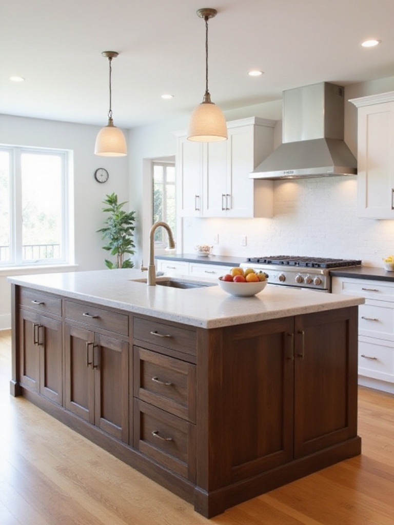 Wood kitchen island with contrasting gray quartz countertop.