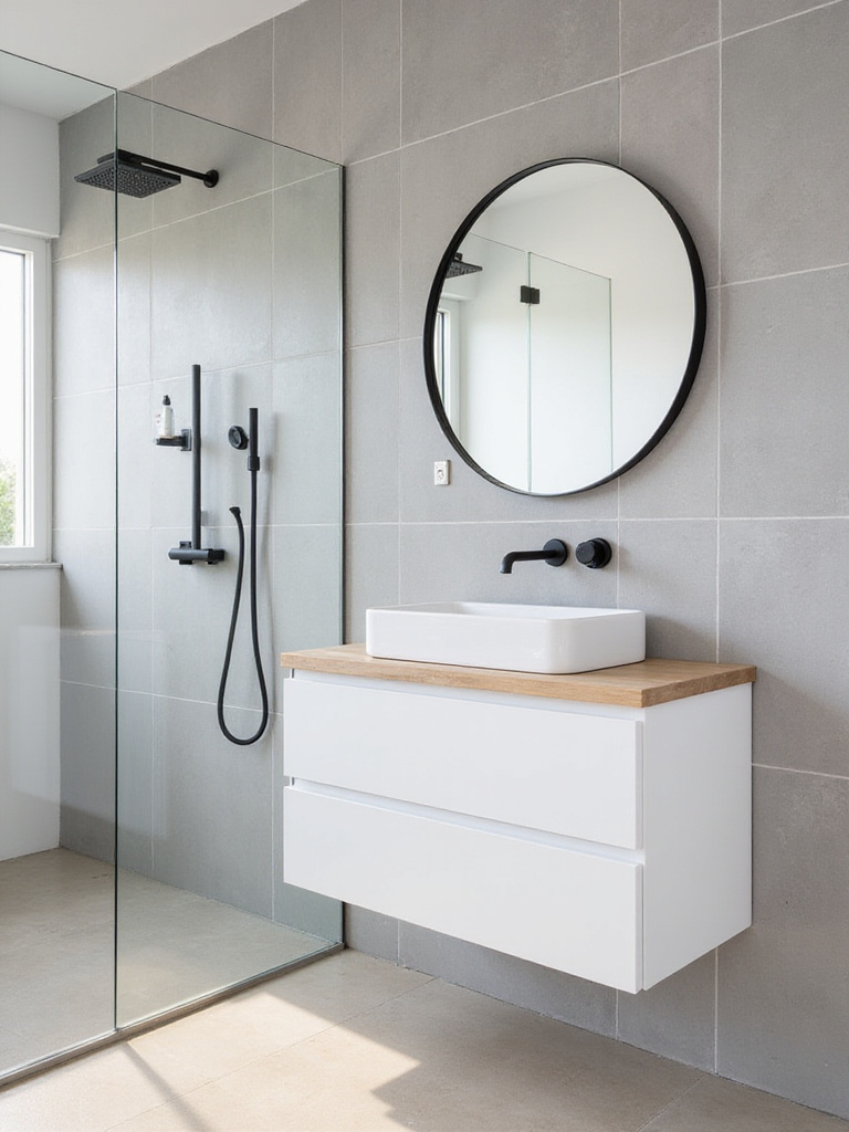 Modern bathroom with white vanity, matte black hardware, and light gray tiles